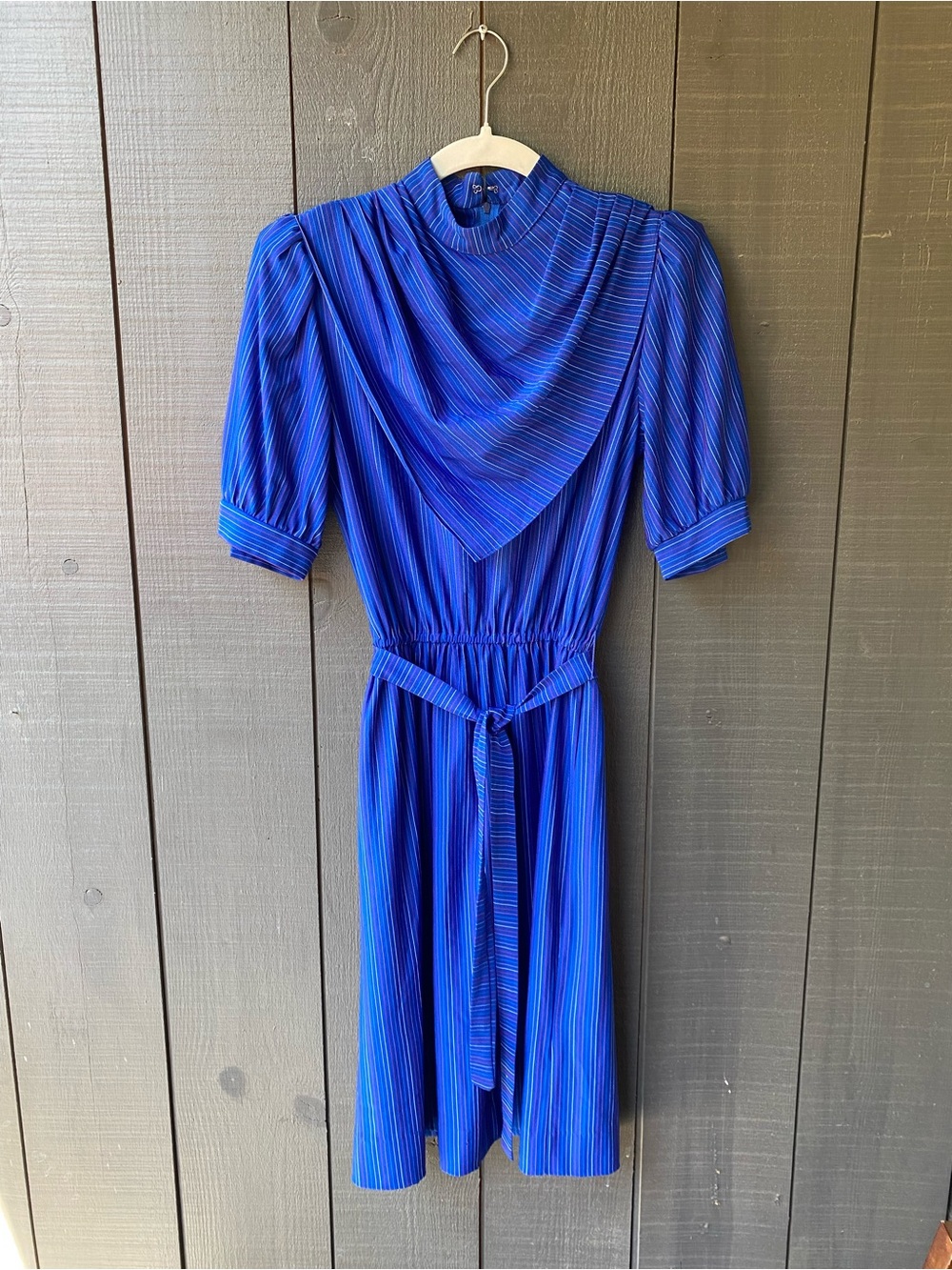 Vintage Periwinkle Blue Stripes Midi Dress with Belt